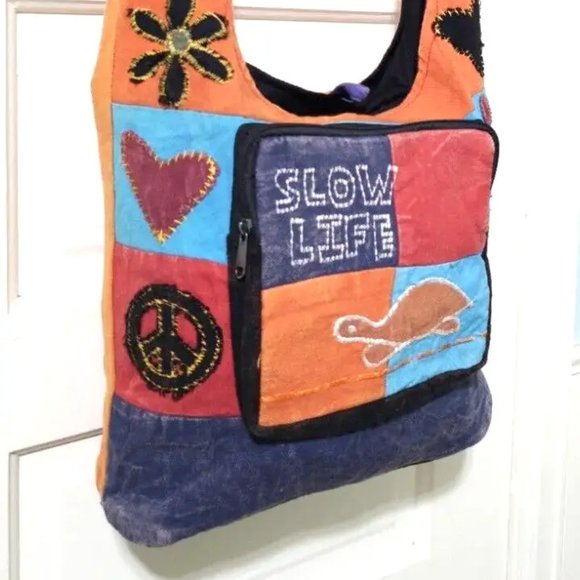 Nepal BOHO SLOW LIFE Orange Red 100% COTTON Hobo Crossbody Shoulder Bag Turtle - Picture 7 of 14